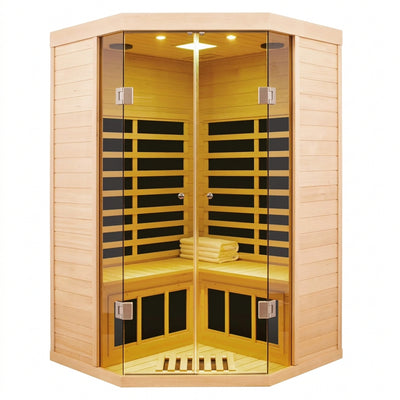 2-Person Corner Far Infrared Sauna Room - Hemlock Wood, Deluxe Transparent Glass Front, Large Capacity Home Sauna