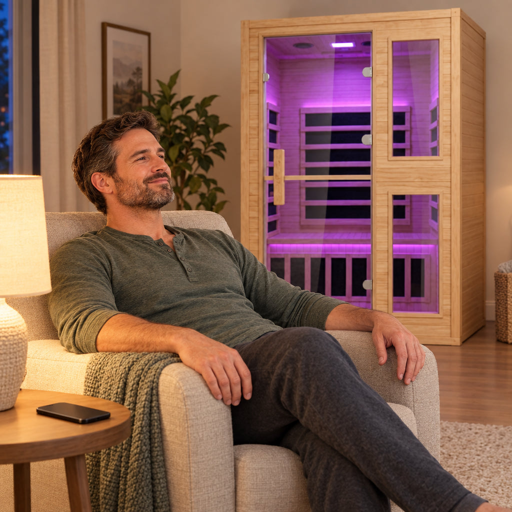 2 Person Far Infrared Sauna, man sitting back in an armchair with arms relaxed, expression settled and satisfied