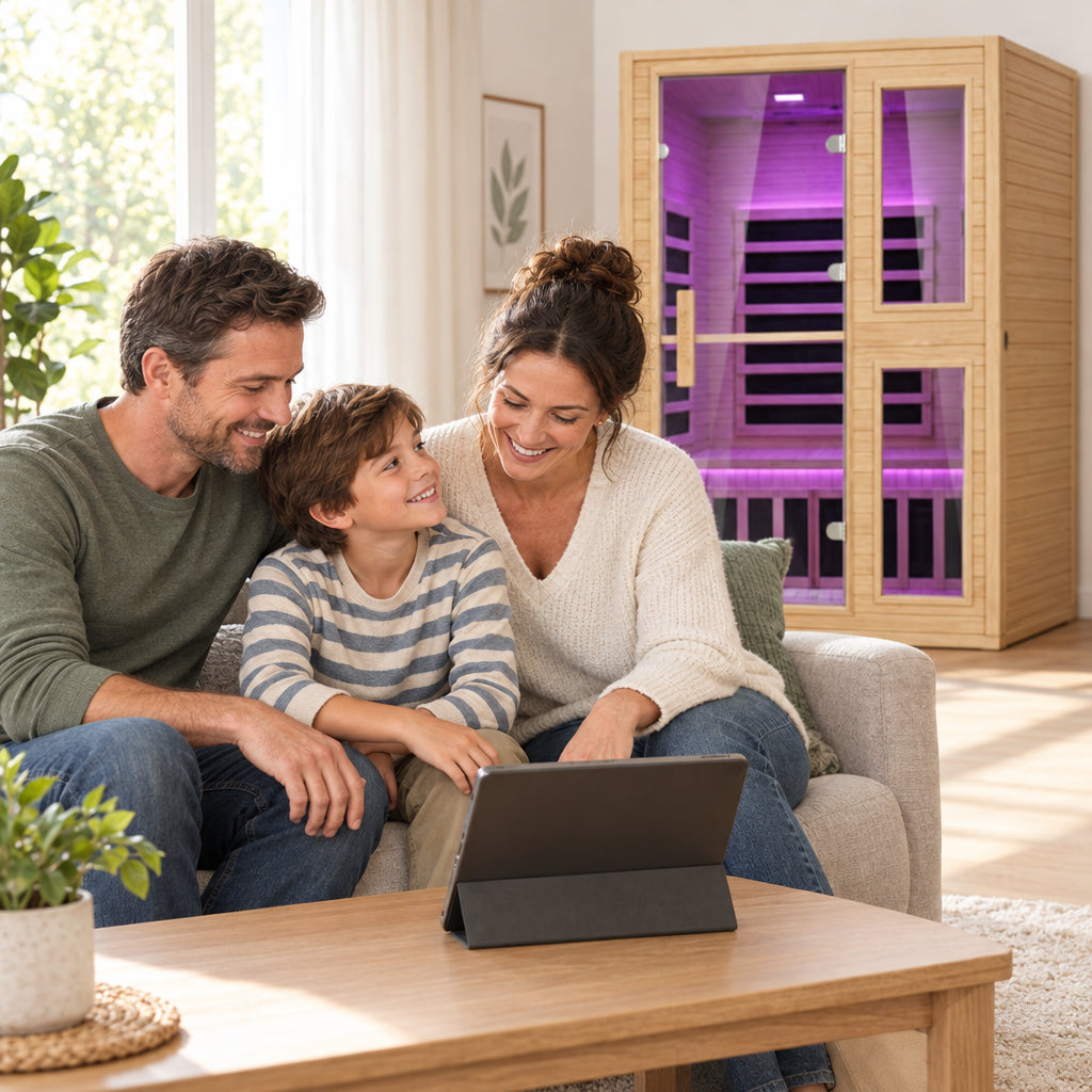 2 Person Far Infrared Sauna, couple and one child gathered on a sofa
