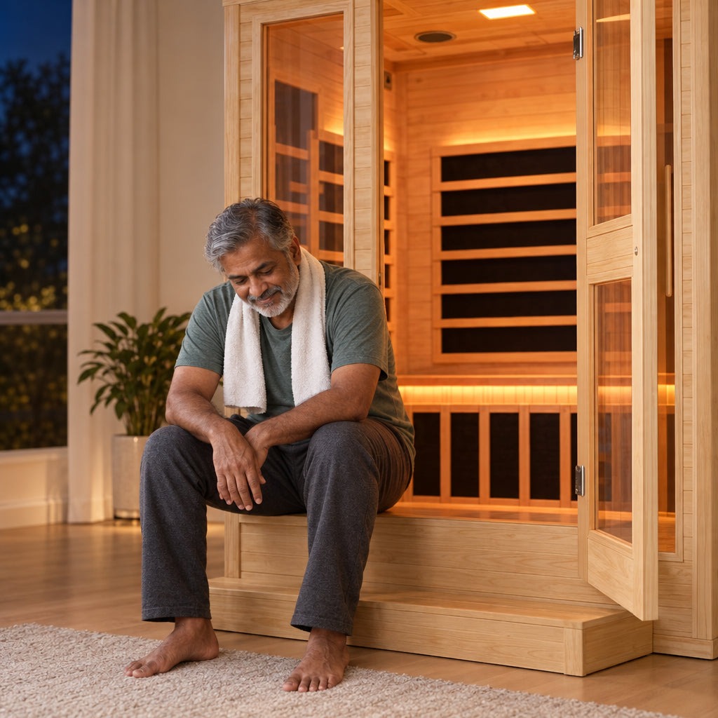 2 Person Far Infrared Sauna, older man sitting on the exterior bench step of the sauna, elbows on knees