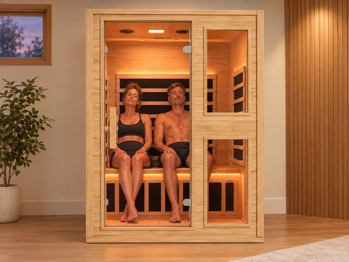 2 Person Far Infrared Sauna, two adults seated inside the sauna, shoulders relaxed, eyes closed