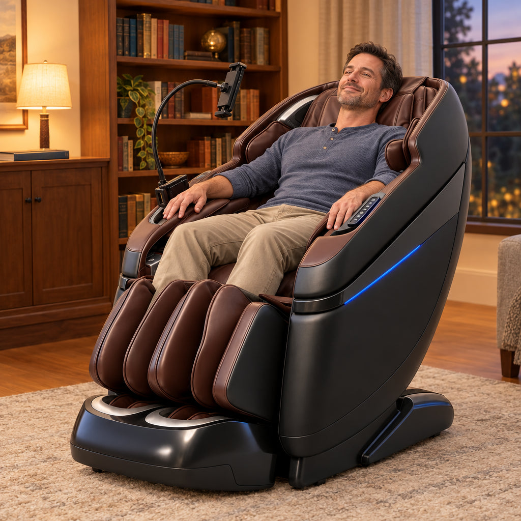 Full Body Massage Chair Designed, sitting comfortably reclined in the chair, arms open and relaxed