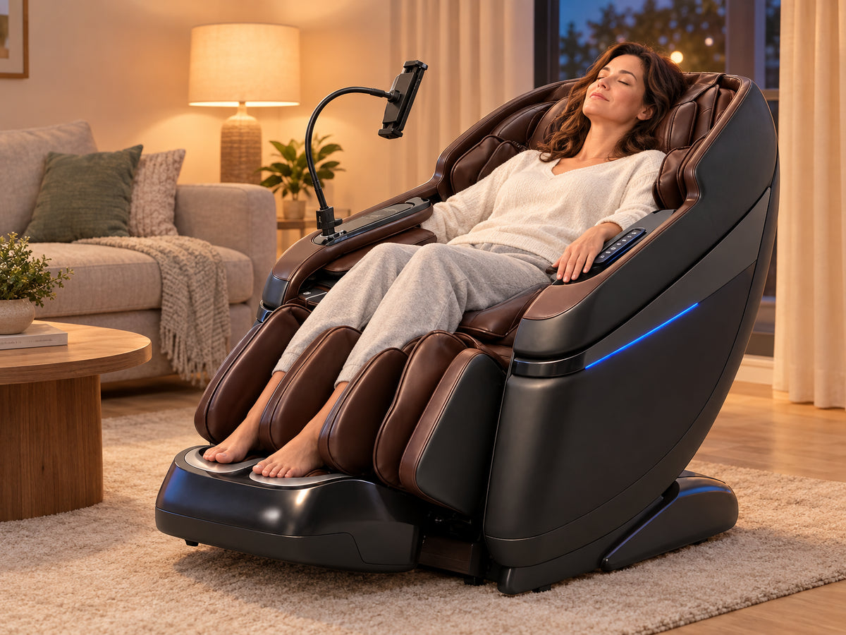 Full Body Massage Chair Designed, reclining fully in the massage chair, eyes closed, shoulders dropped