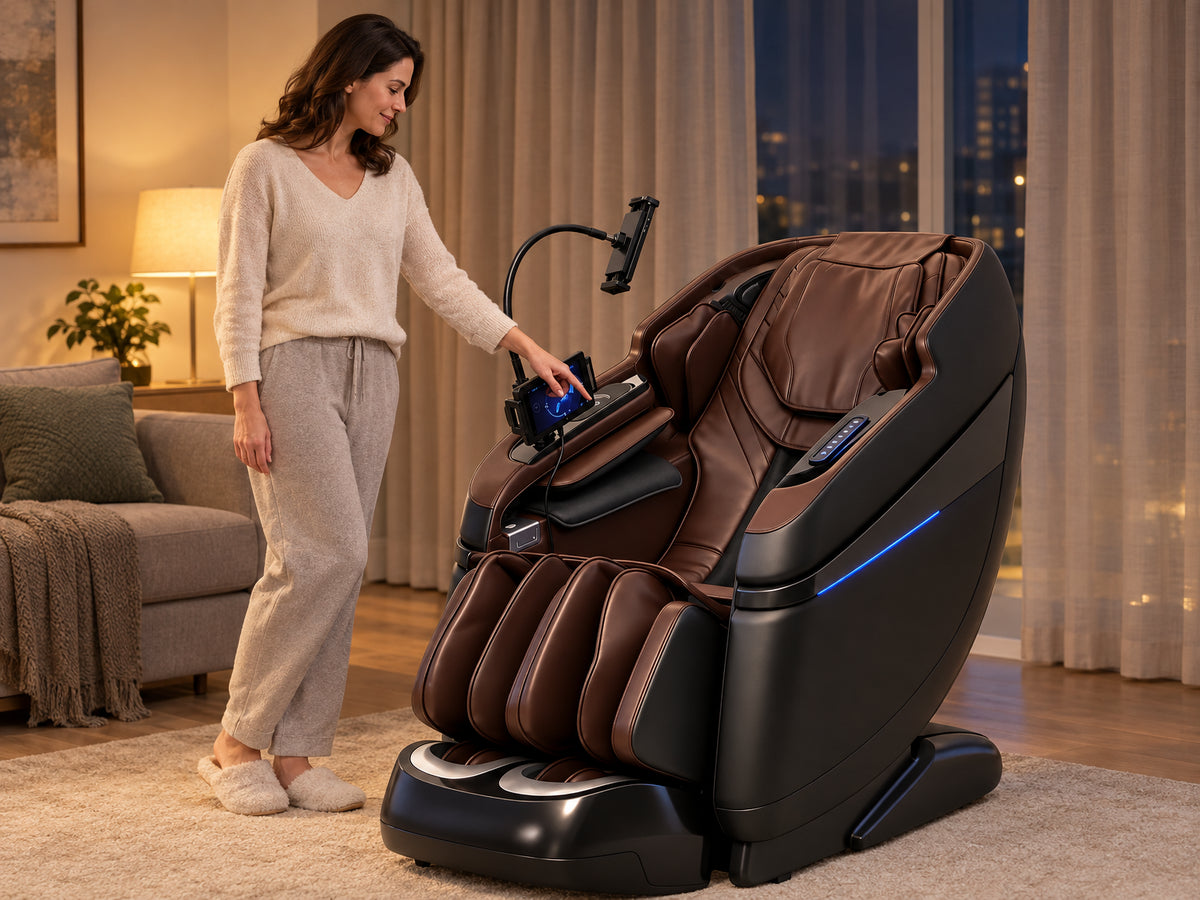 Full Body Massage Chair Designed, reaching toward the chair's side panel control with one finger