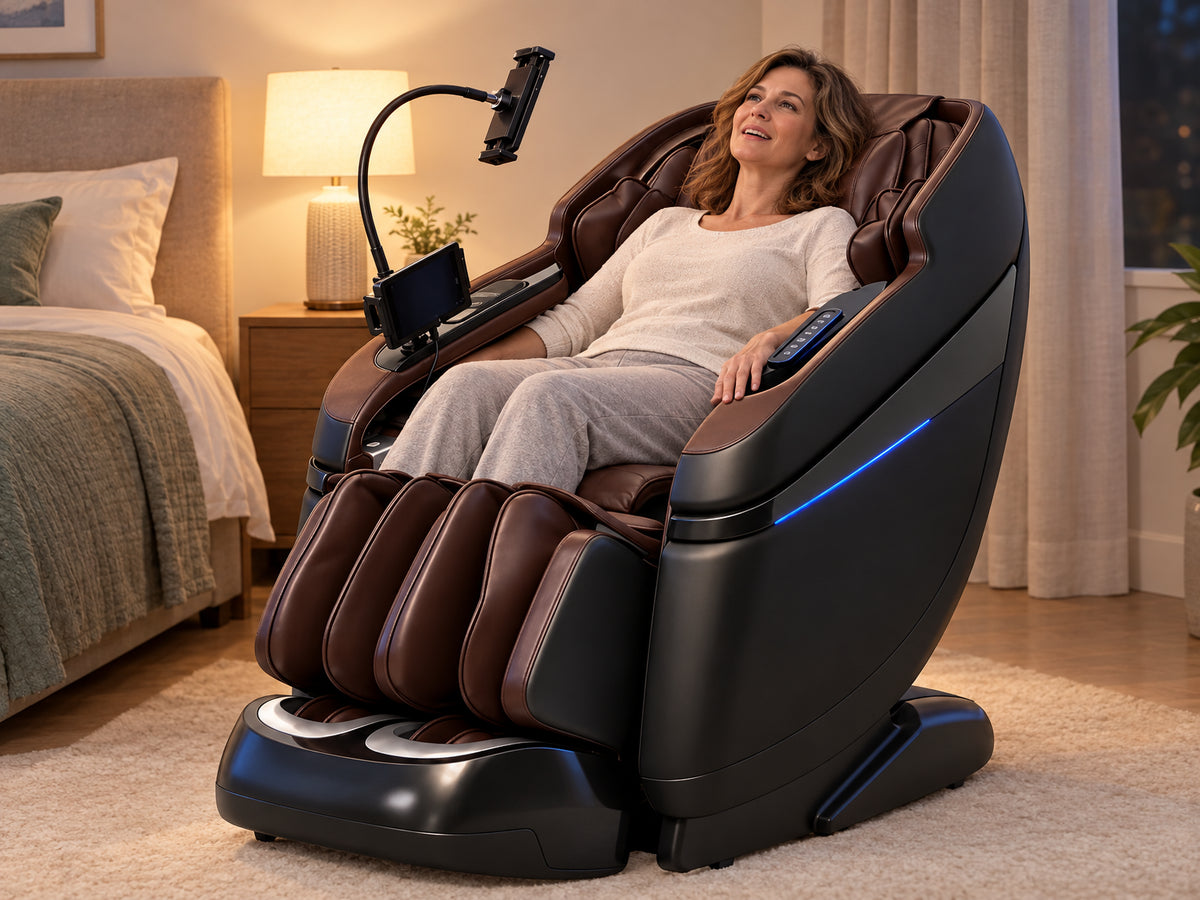 Full Body Massage Chair Designed, leaning back with brow slightly raised in mild surprise and relief