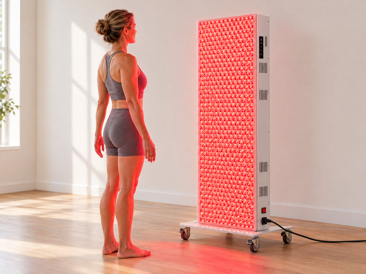Red Light Therapy Panel Designed, standing relaxed, arms slightly away from sides, bathed in deep red glow, clean