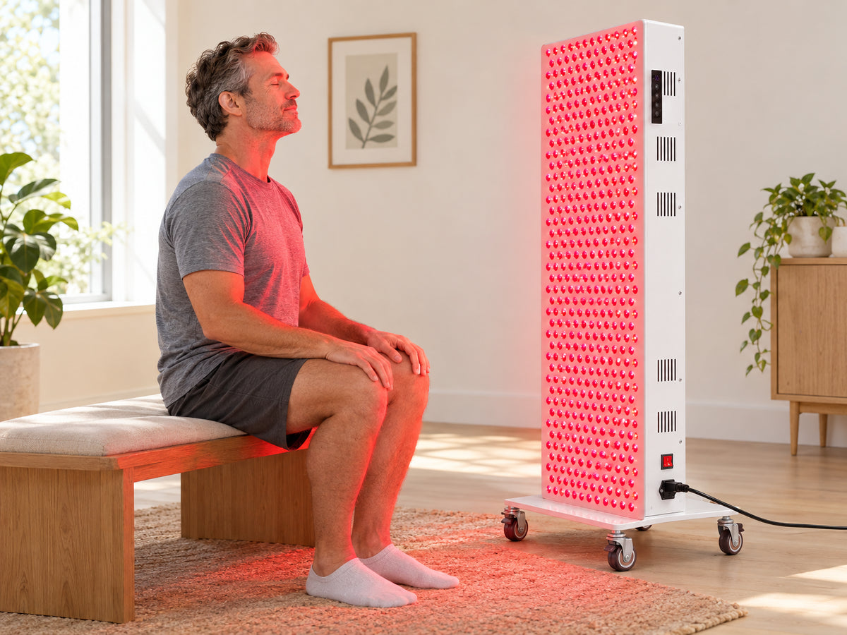 Red Light Therapy Panel Designed, settling comfortably onto a low bench in front of the glowing panel, eyes closed