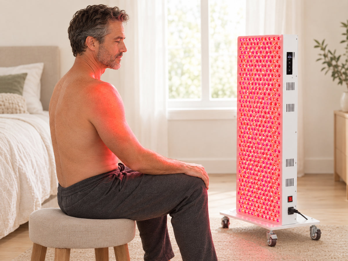 Red Light Therapy Panel Designed, sitting sideways on a stool, bare shoulder angled toward the panel