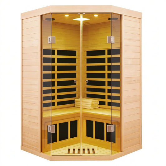 2-Person Corner Far Infrared Sauna Room - Hemlock Wood, Deluxe Transparent Glass Front, Large Capacity Home Sauna