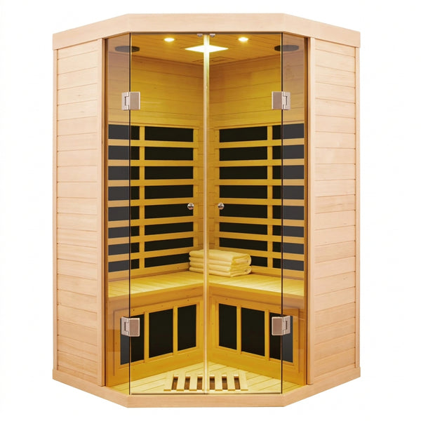2-Person Corner Far Infrared Sauna Room - Hemlock Wood, Deluxe Transparent Glass Front, Large Capacity Home Sauna