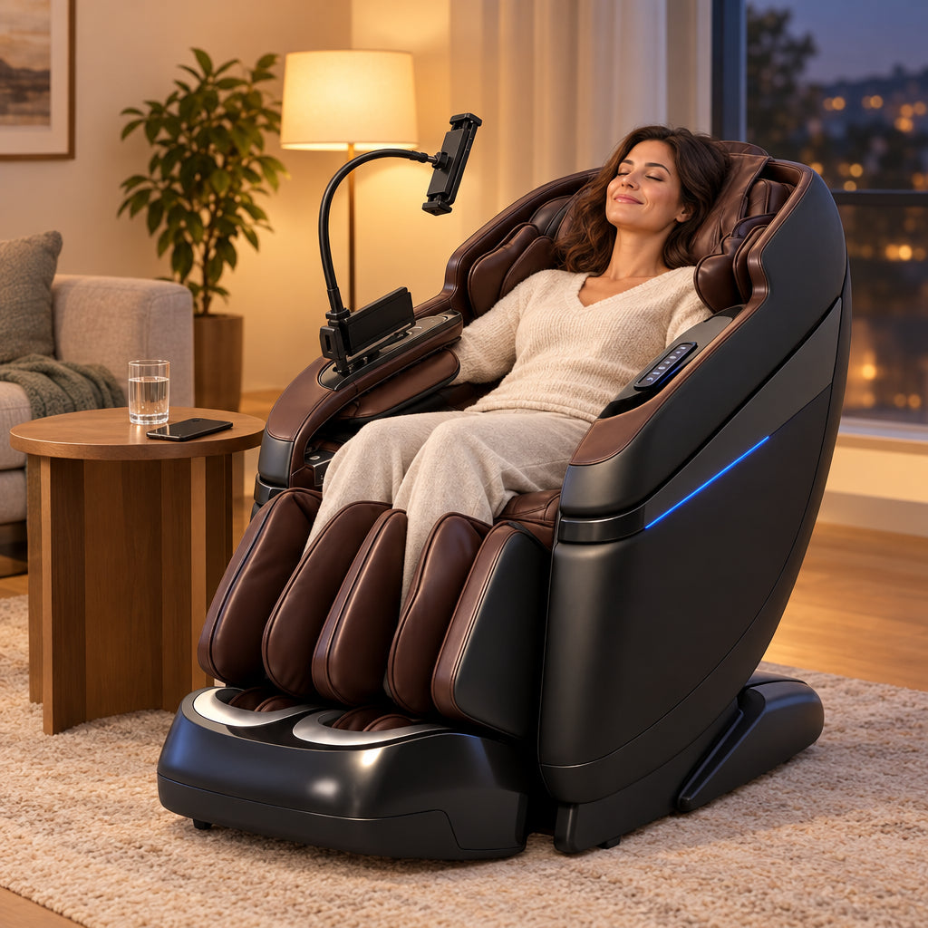 Full Body Massage Chair Designed, reclining in the chair with a small smile