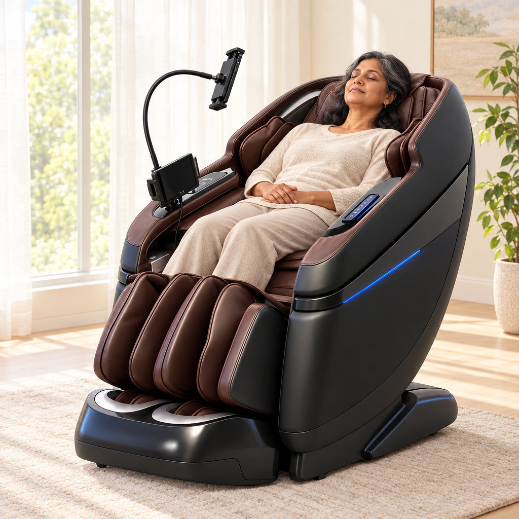 Full Body Massage Chair Designed, reclined in the chair with eyes closed, hands folded in lap