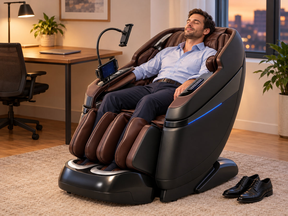 Full Body Massage Chair Designed, sitting reclined in the massage chair at home, visibly at ease