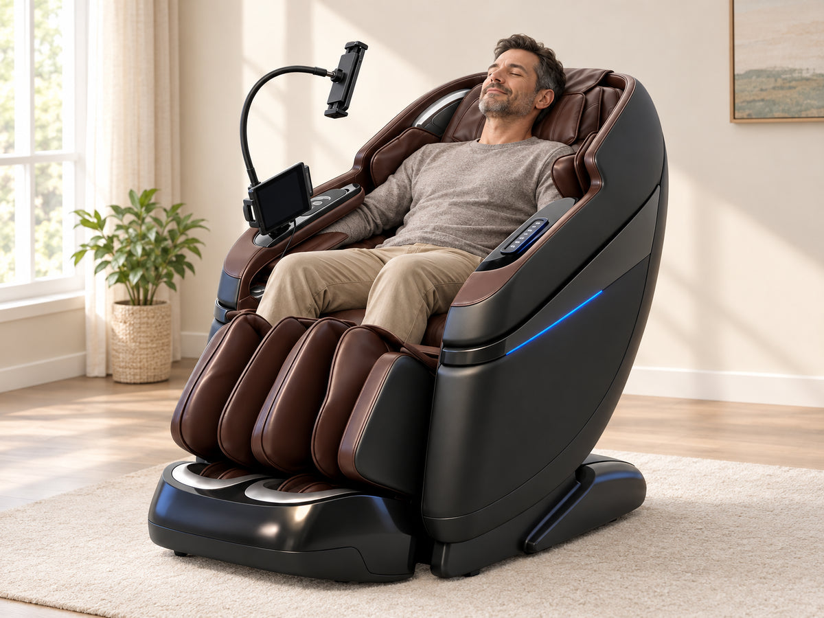 Full Body Massage Chair Designed, seated in the chair with eyes closed, hips settled deep into the seat