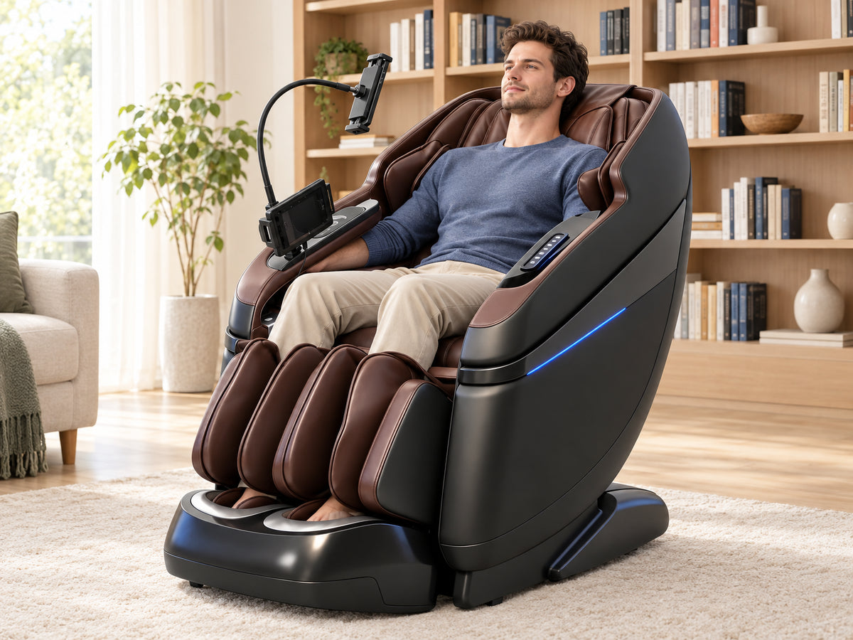 Full Body Massage Chair Designed, sitting upright and still in the chair with arms resting at sides