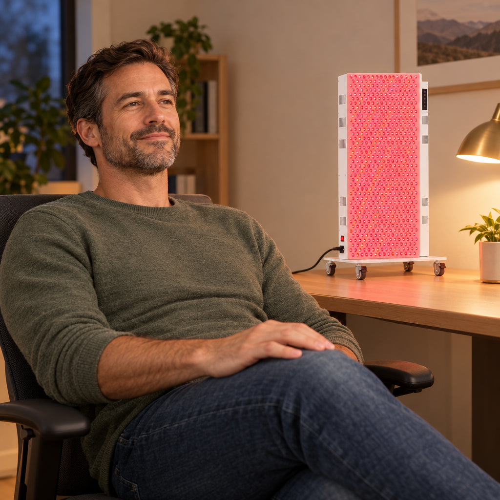 Red Light Therapy Panel Designed, leaning back in a chair with a relaxed, settled posture, one hand resting on his knee