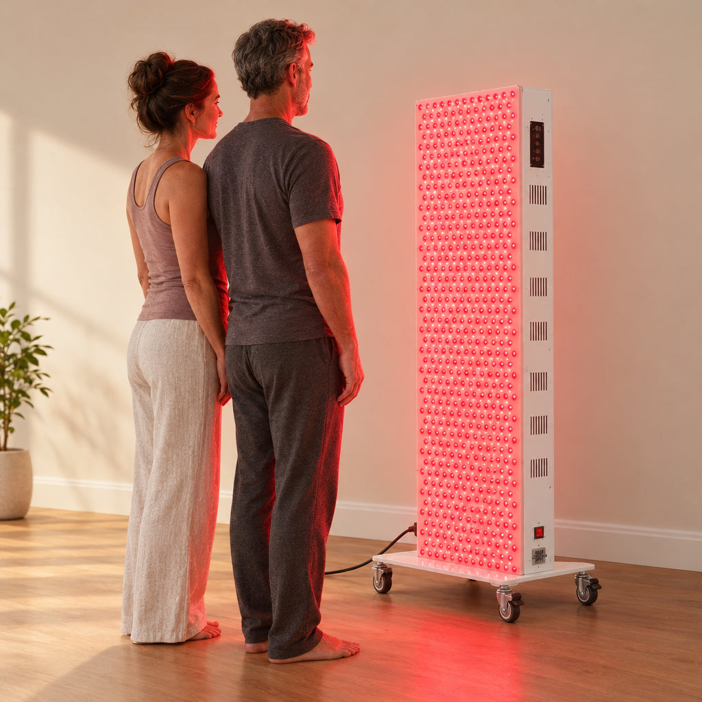 Red Light Therapy Panel Designed, a couple standing side by side in front of the panel, both facing it