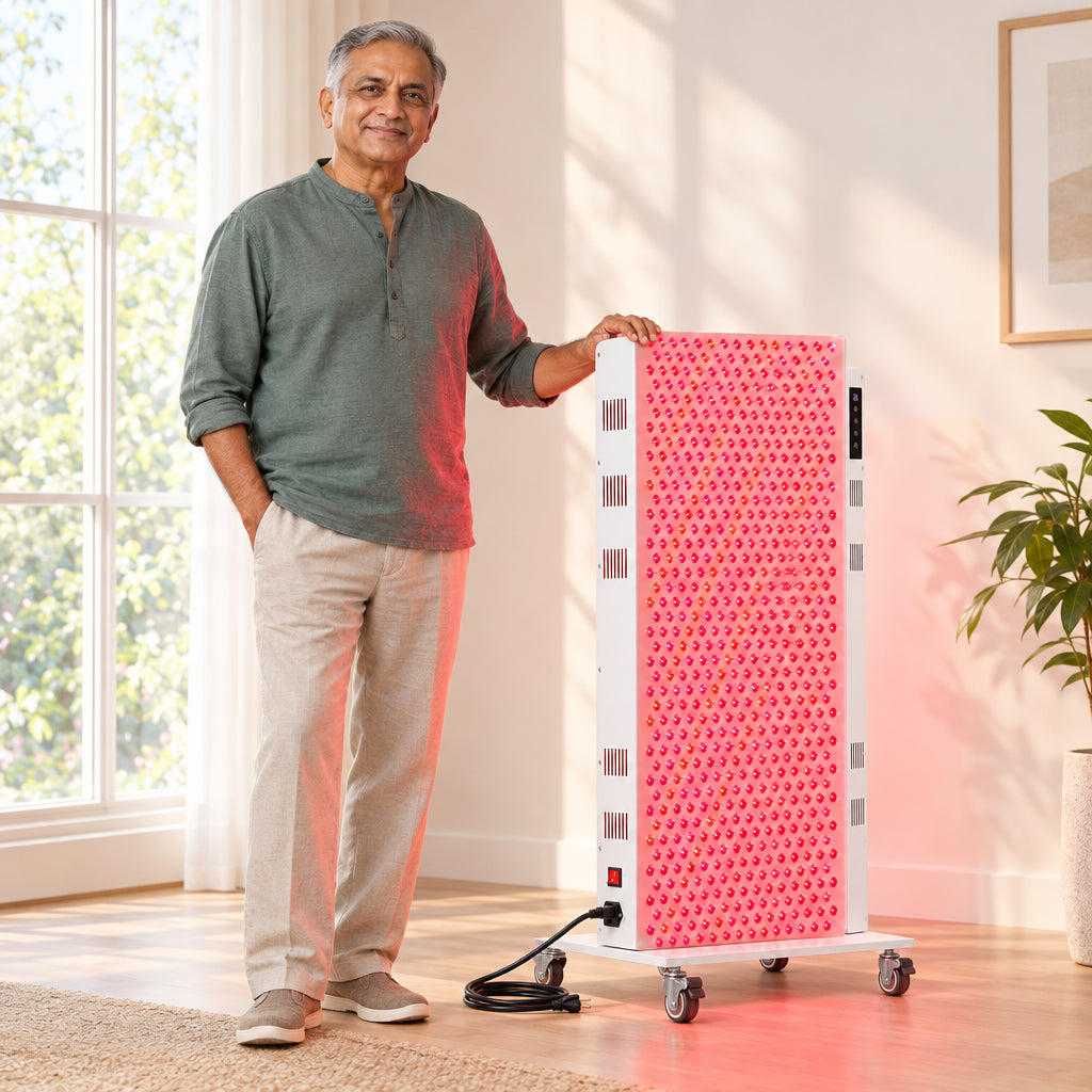 Red Light Therapy Panel Designed, standing in front of the panel with one hand resting lightly on its frame, upright posture