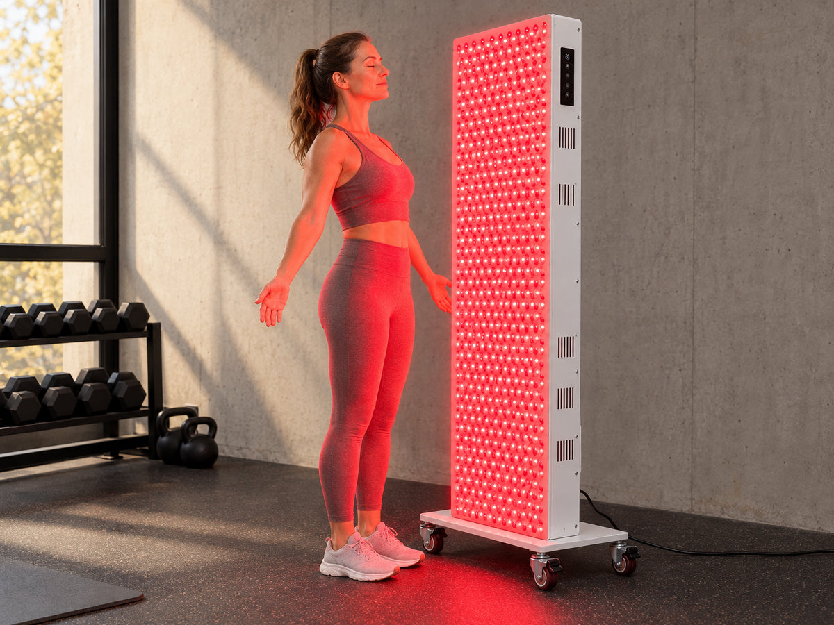 Red Light Therapy Panel Designed, standing with arms slightly raised
