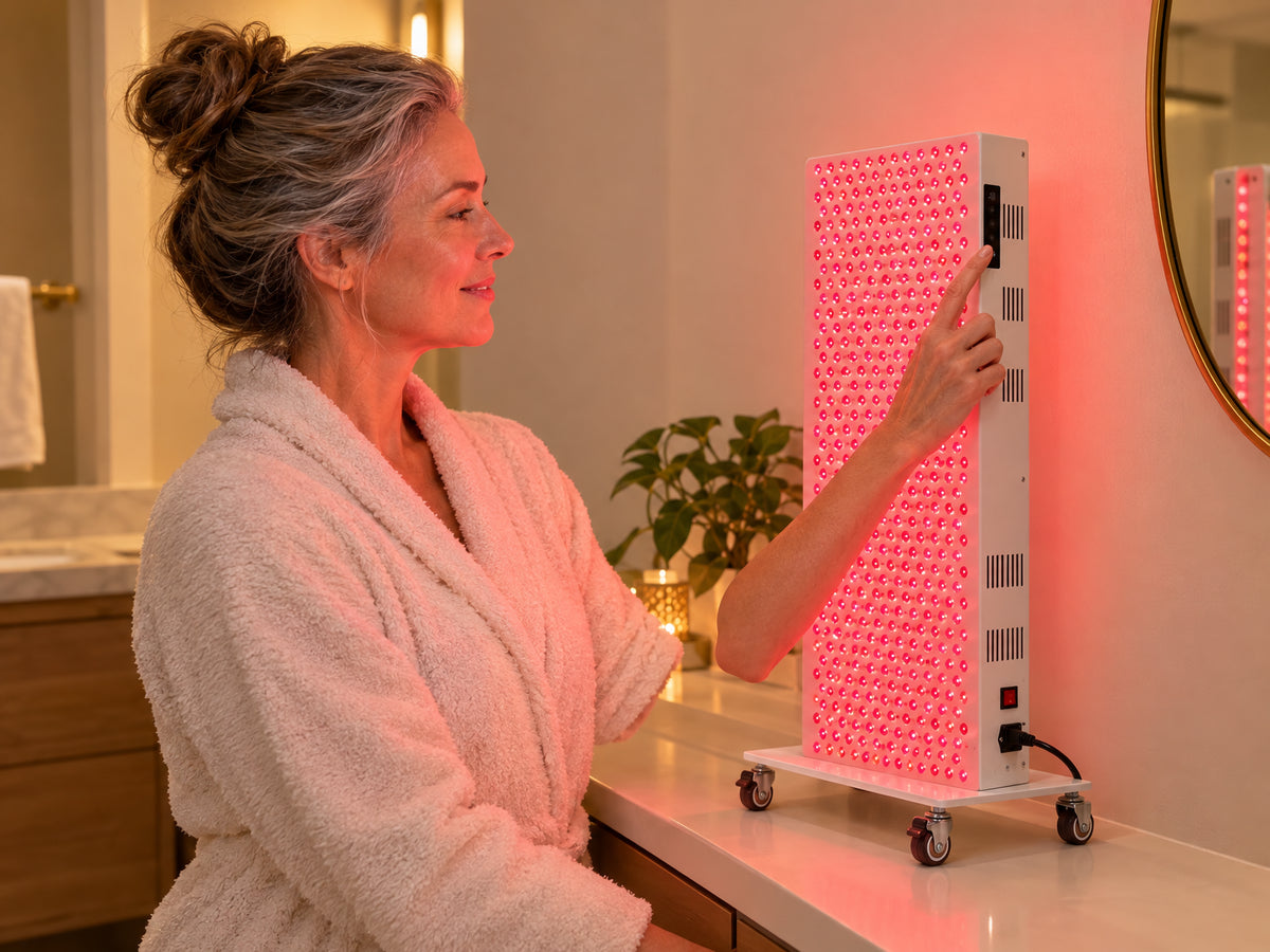 Red Light Therapy Panel Designed, reaching toward the panel's side control
