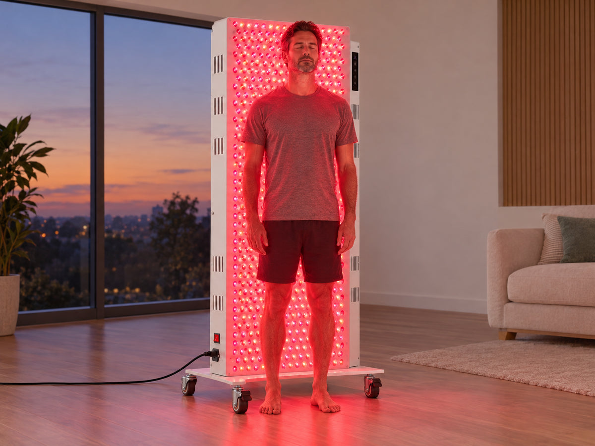 Red Light Therapy Panel Designed, standing still in a relaxed pose, full body within the panel's footprint